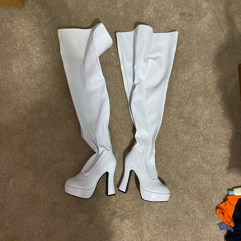 White thigh high leather boots